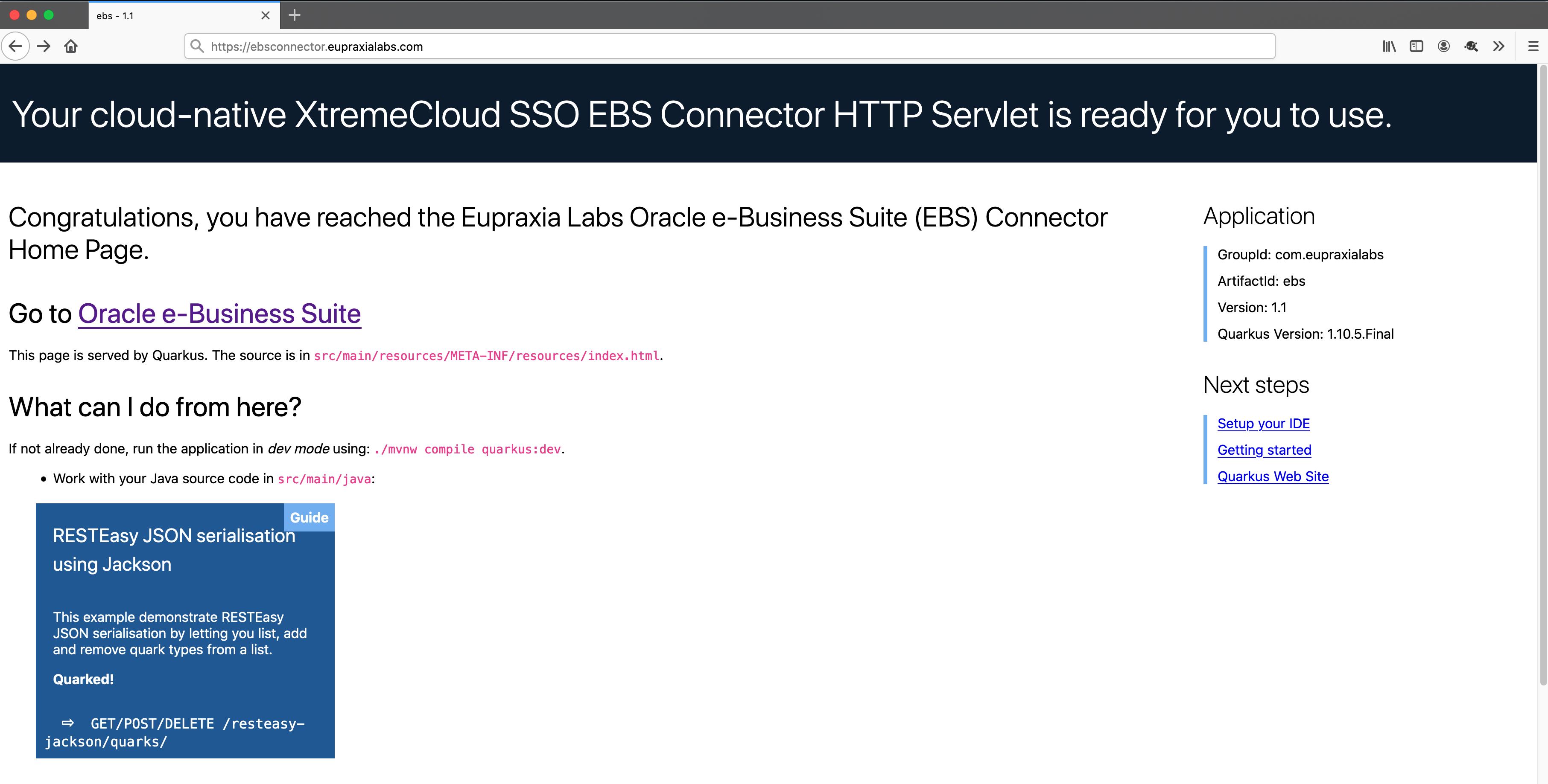 XtremeCloud SSO EBS Connector Servlet Unauthenticated Home Page