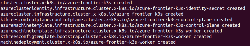 Frontier CLI Create Azure K3s Cluster Example Output