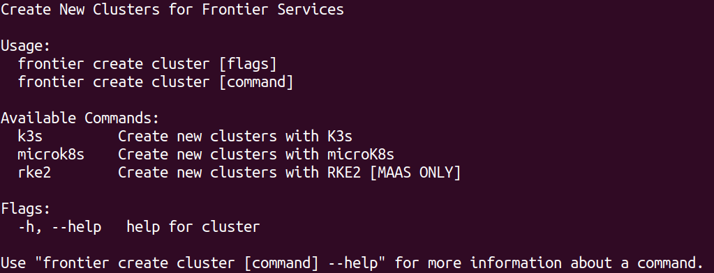 Frontier CLI Create Cluster Options