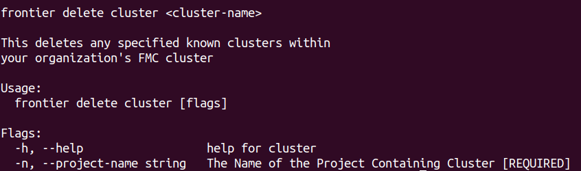 Frontier CLI Delete Cluster Help
