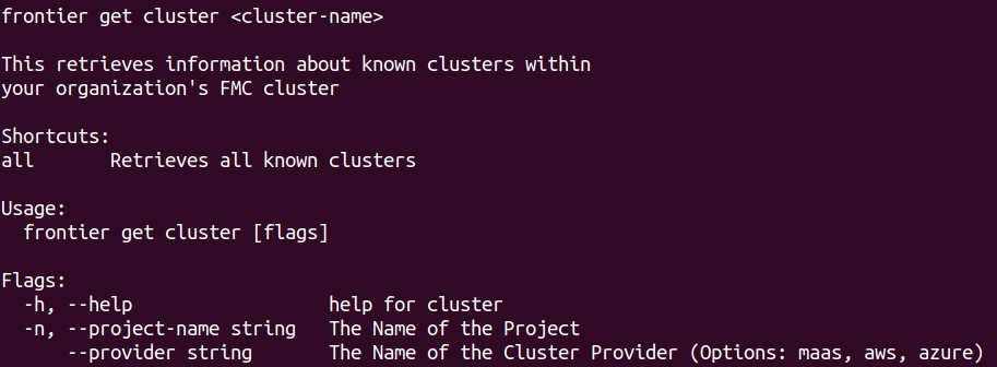 Frontier CLI Get Cluster Help
