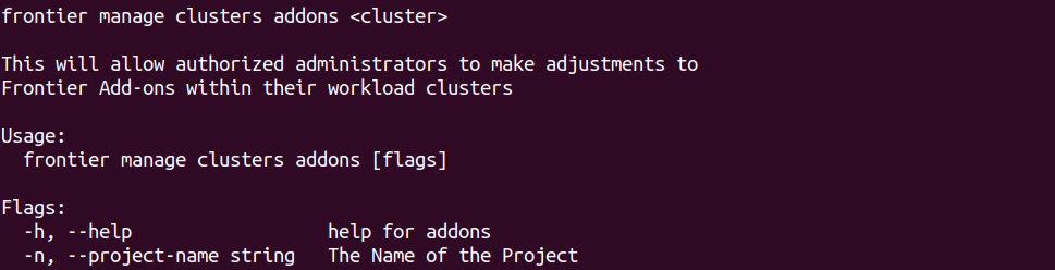 Frontier CLI Manage Clusters Add-ons Help