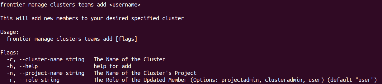 Frontier CLI Manage Clusters Teams By Adding Members Help