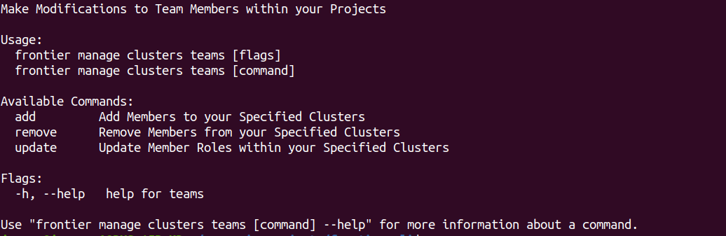 Frontier CLI Manage Clusters Teams Help