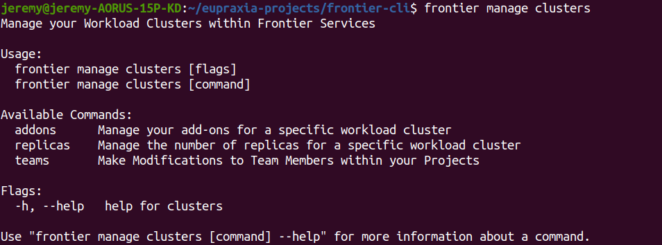 Frontier CLI Manage Clusters Help