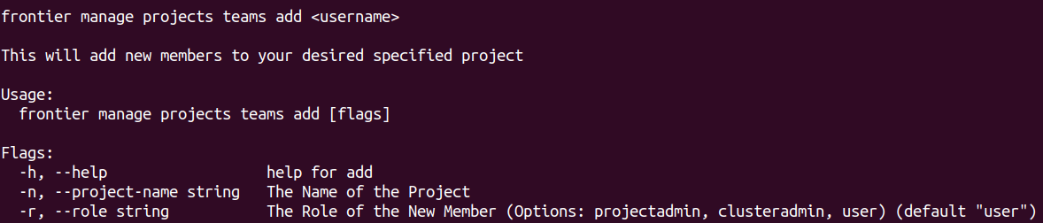 Frontier CLI Manage Projects Teams By Adding Members Help