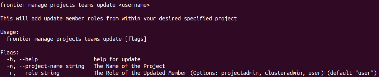 Frontier CLI Manage Projects Teams By Updating Members Help
