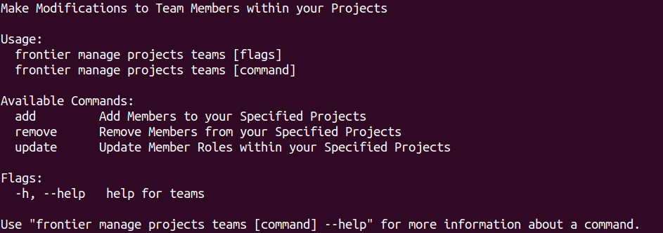 Frontier CLI Manage Projects Teams Help