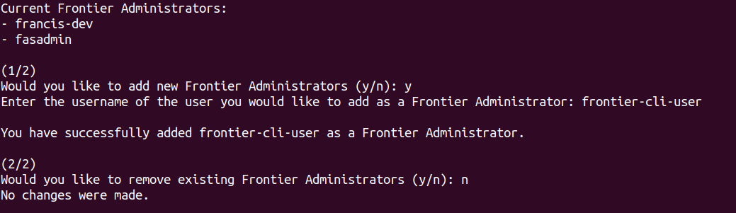 Frontier CLI Manage Users Add Frontier Admins