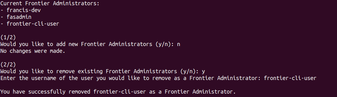 Frontier CLI Manage Users Remove Frontier Admins