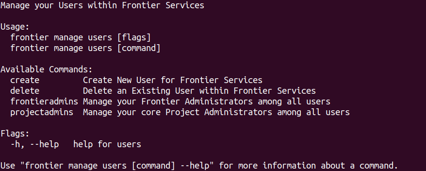 Frontier CLI Manage Projects Help