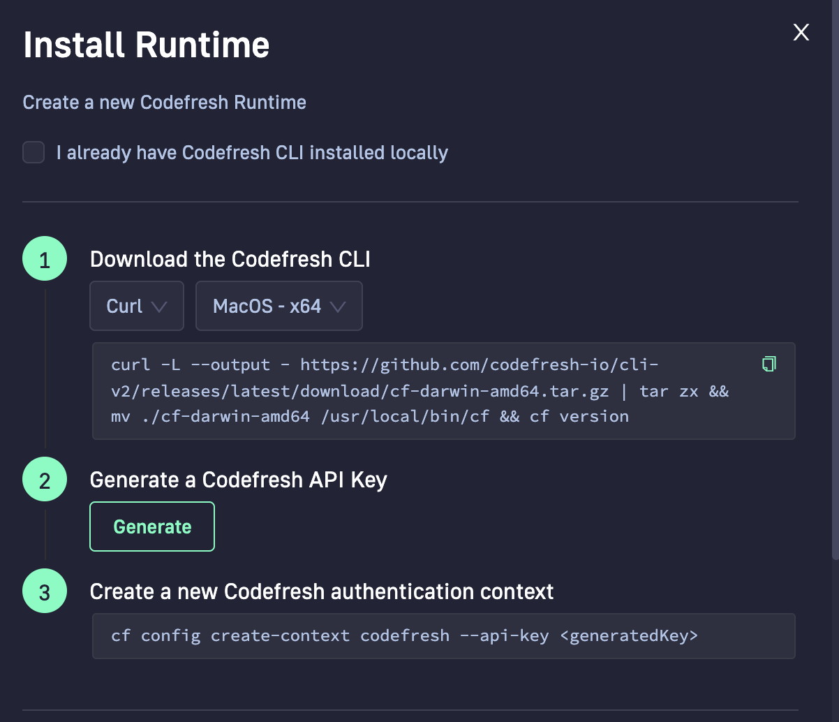 Download Codefresh CLI to install runtime