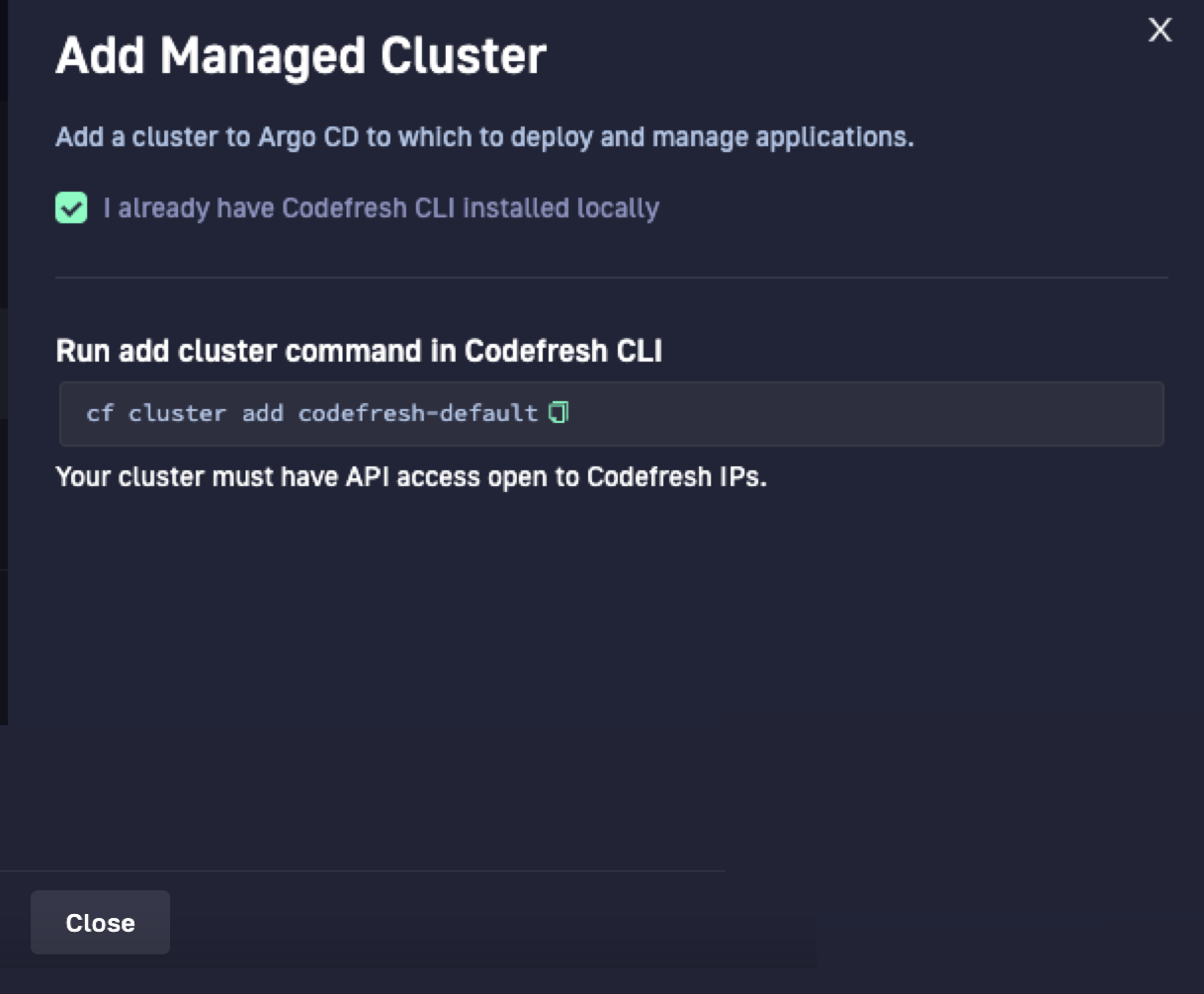 Add Managed Cluster panel