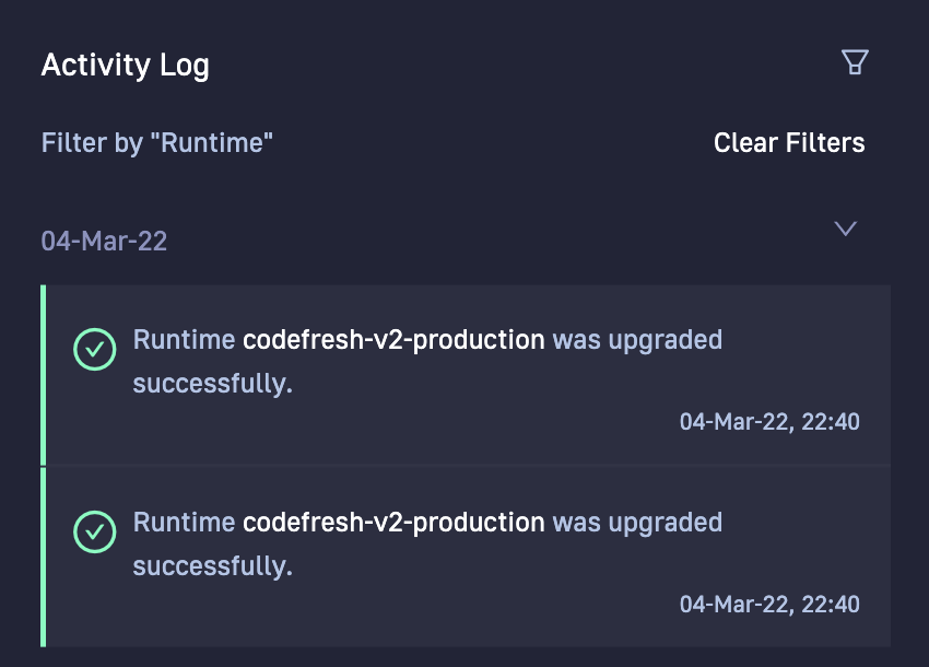 Activity Log filtered by Runtime events